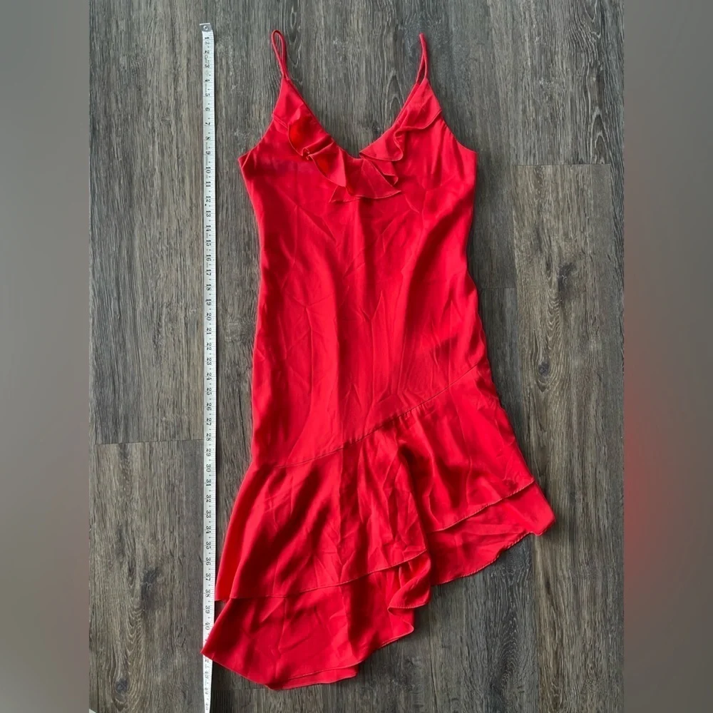 Amanda Uprichard | Red Spaghetti Strap Ruffled Asymmetrical Hem Mini Dress